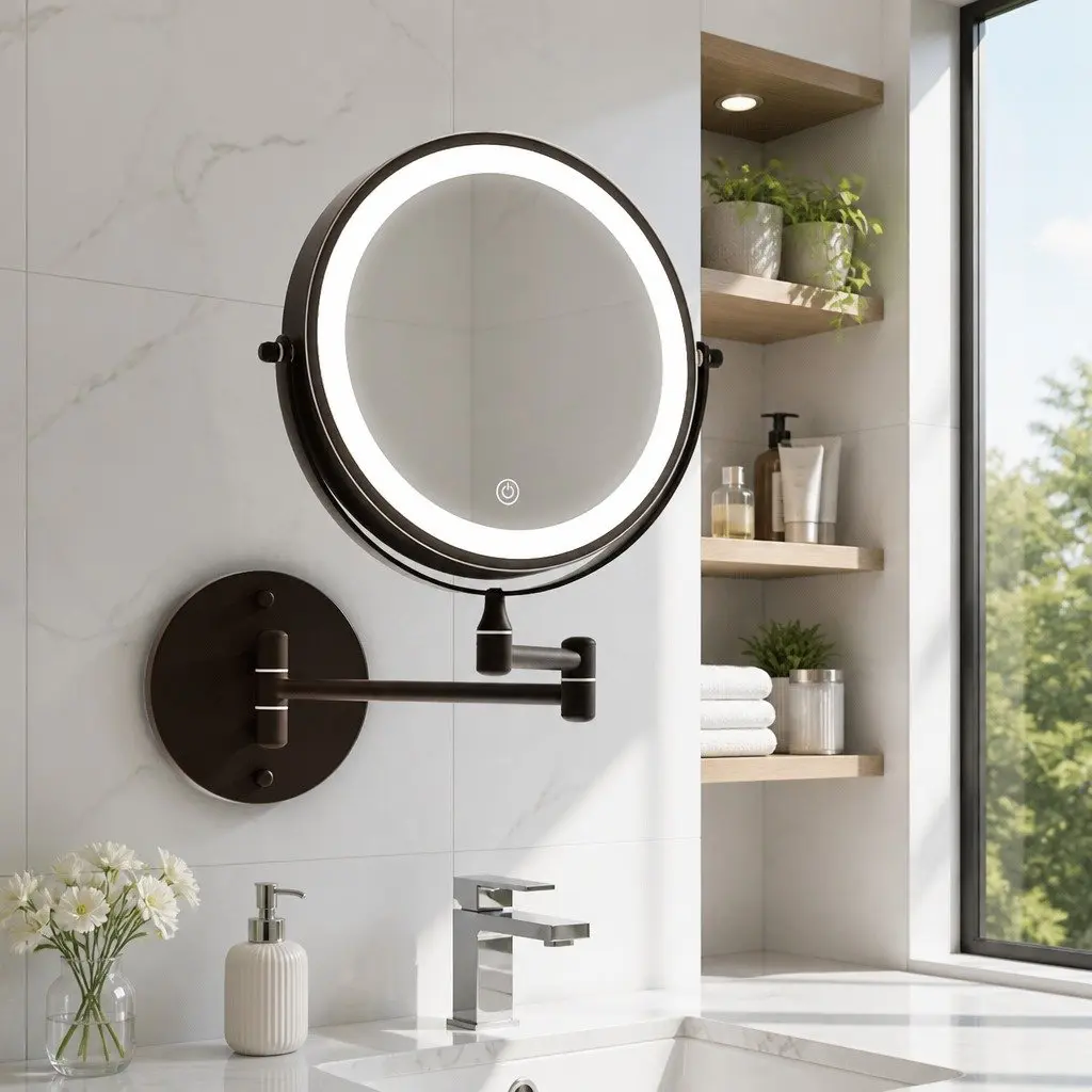 Extendable Makeup Mirror Brown 33cm 10X Magnification Double-Sided LED Illuminated