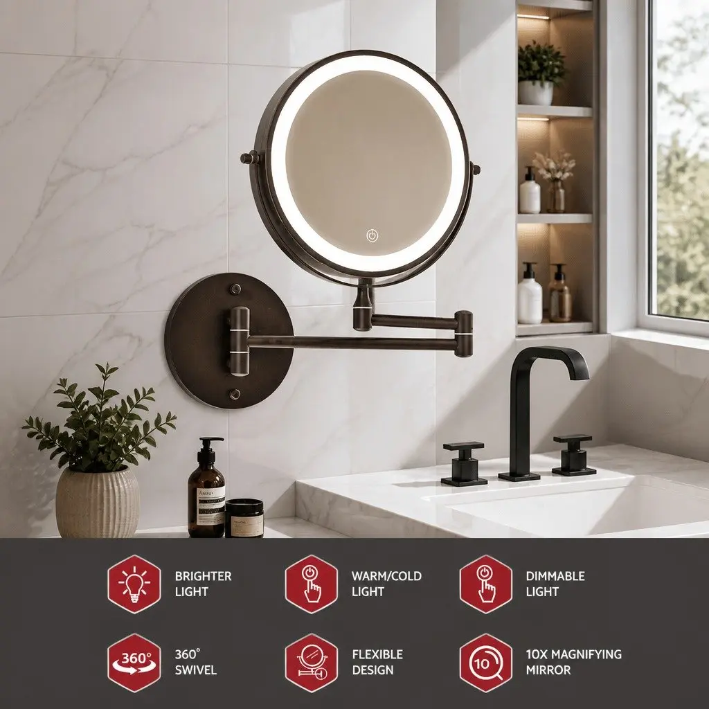Extendable Makeup Mirror Brown 33cm 10X Magnification Double-Sided LED Illuminated