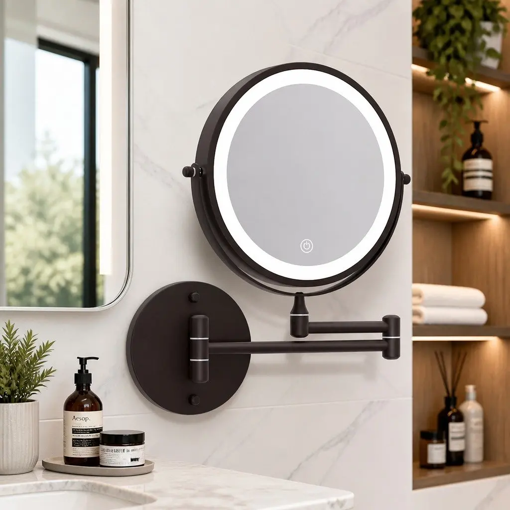 Extendable Makeup Mirror Brown 33cm 10X Magnification Double-Sided LED Illuminated
