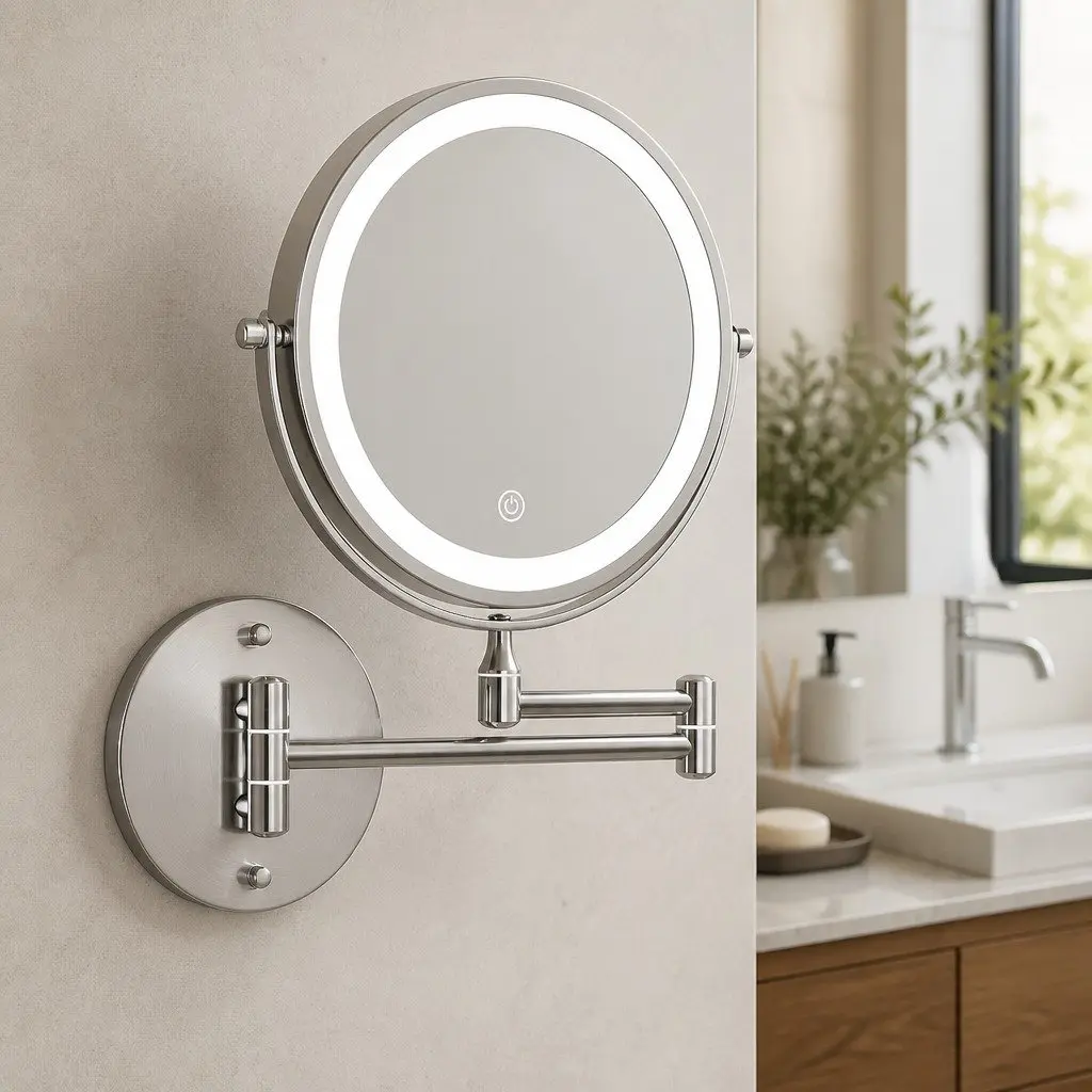 Makeup Mirror Silver 33cm x 32cm Extendable 10X Magnifying Double-Sided LED with Adjustable Brightness and Three Colour Temperatures