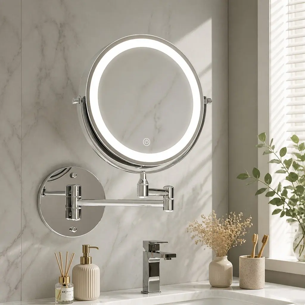 Makeup Mirror Silver 33cm x 32cm Extendable 10X Magnifying Double-Sided LED with Adjustable Brightness and Three Colour Temperatures