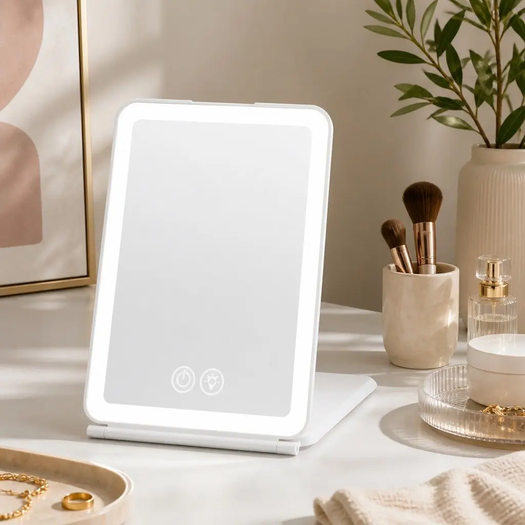Portable Makeup Mirror White 19cm Adjustable Brightness 10x Magnifier Rechargeable Travel Vanity