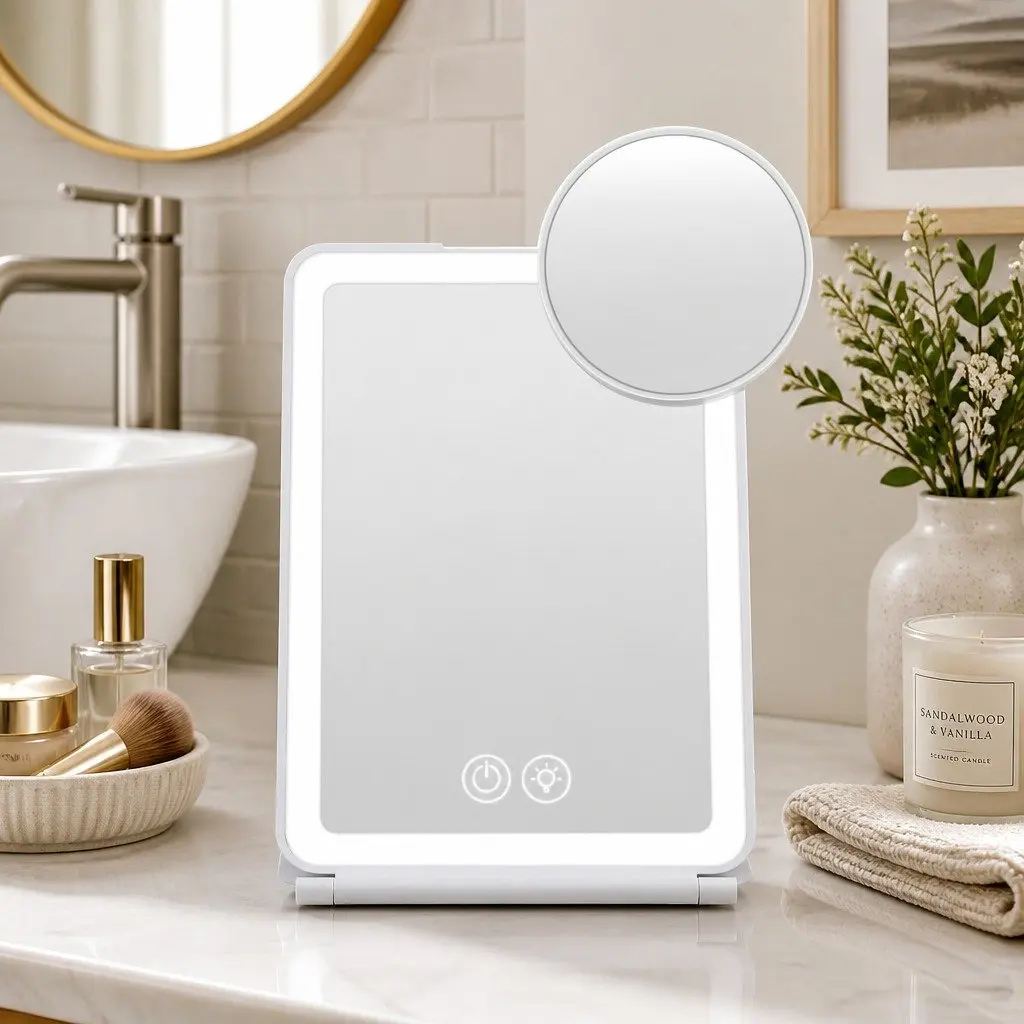 Portable Makeup Mirror White 19cm Adjustable Brightness 10x Magnifier Rechargeable Travel Vanity