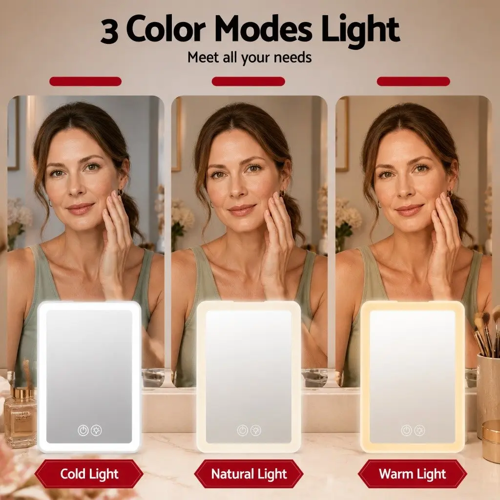 Portable Makeup Mirror White 19cm Adjustable Brightness 10x Magnifier Rechargeable Travel Vanity
