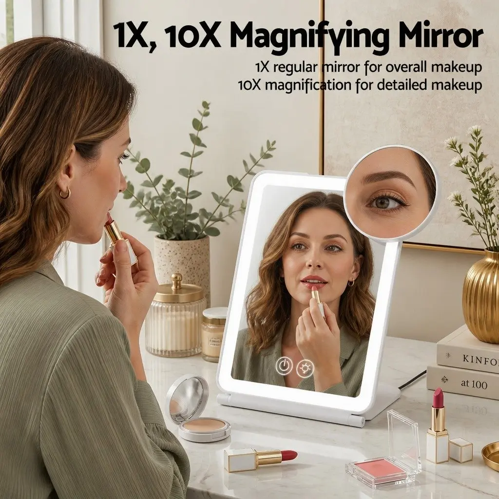 Portable Makeup Mirror White 19cm Adjustable Brightness 10x Magnifier Rechargeable Travel Vanity