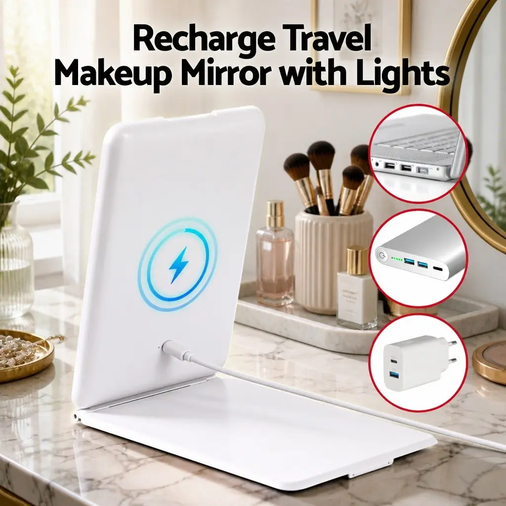 Portable Makeup Mirror White 19cm Adjustable Brightness 10x Magnifier Rechargeable Travel Vanity
