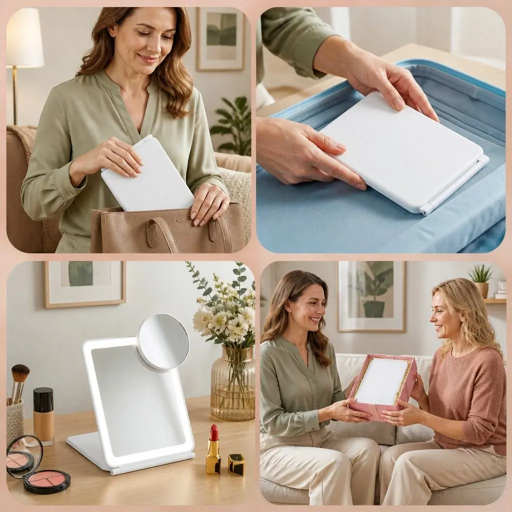 Portable Makeup Mirror White 19cm Adjustable Brightness 10x Magnifier Rechargeable Travel Vanity