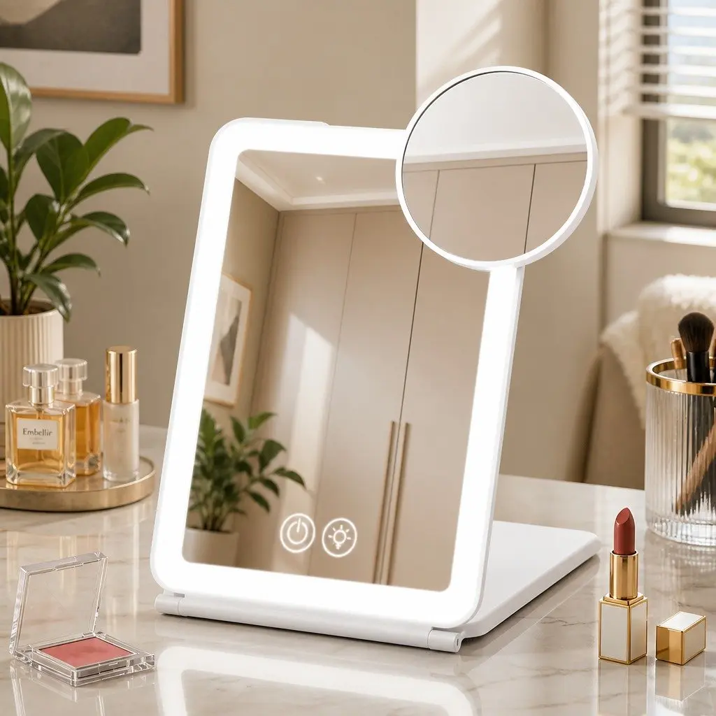 Portable Makeup Mirror White 19cm Adjustable Brightness 10x Magnifier Rechargeable Travel Vanity