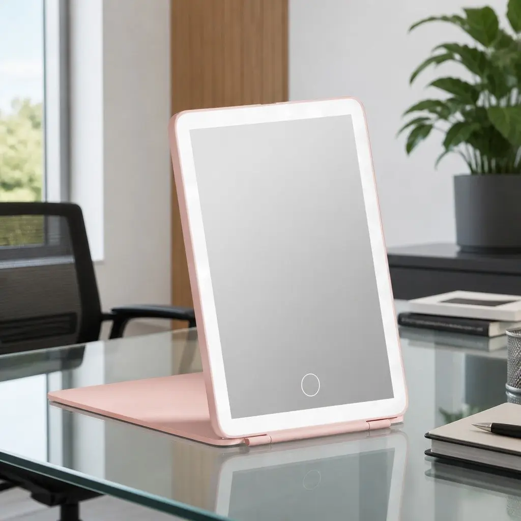 LED Makeup Mirror Pink Portable Foldable Touch Control Brightness and Colour Adjustment