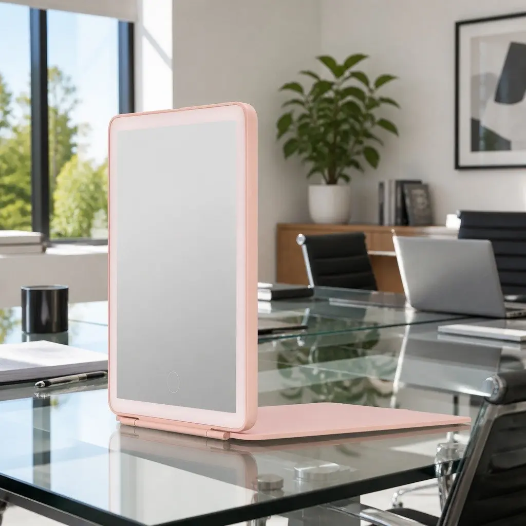 LED Makeup Mirror Pink Portable Foldable Touch Control Brightness and Colour Adjustment