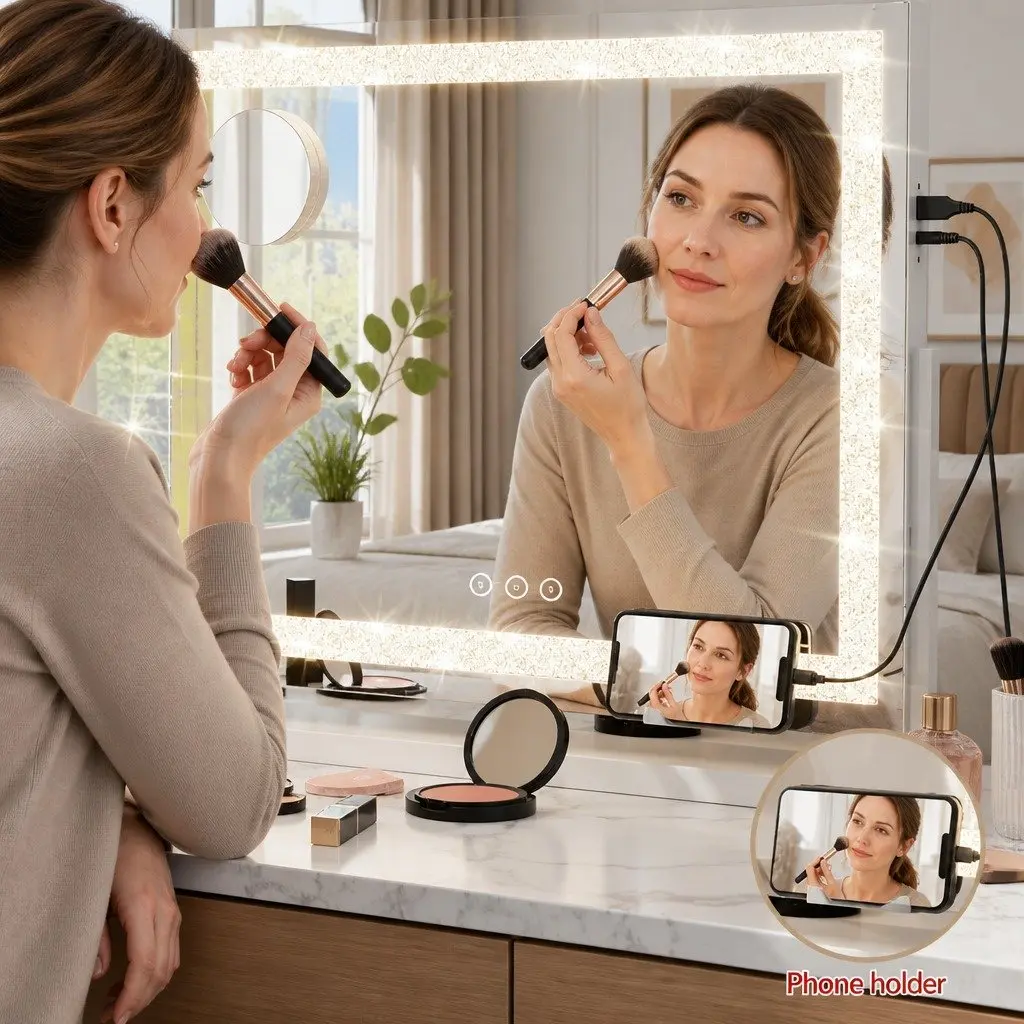LED Makeup Mirror White 60x50cm 360 Degree Swivel Base Touch Controls