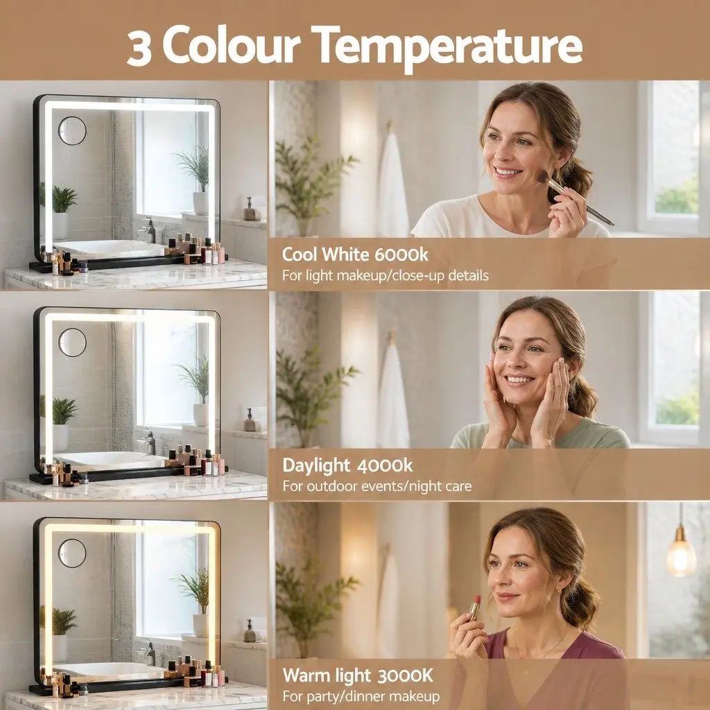 Makeup Mirror Black 60x50cm LED Light Touch Control Adjustable Brightness Colour Temperature