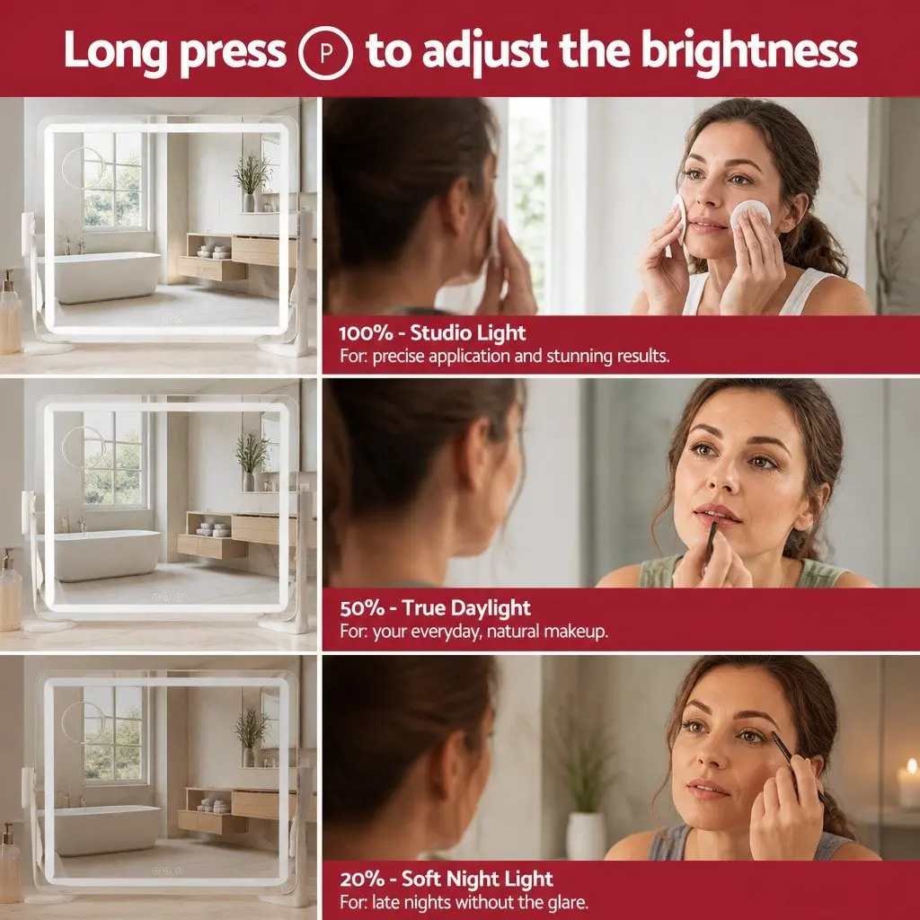 Makeup Mirror White 60x50cm LED Light Touch Control Adjustable Brightness