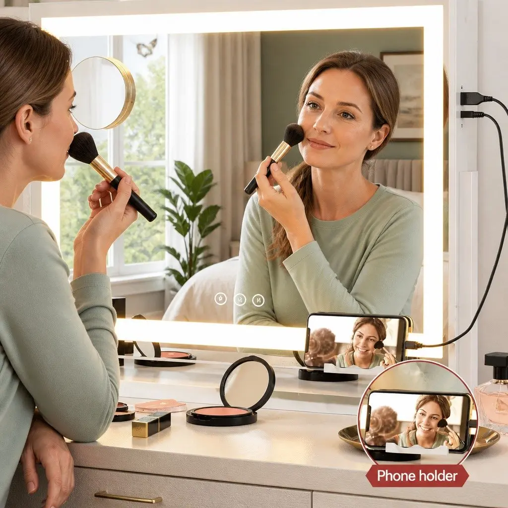 LED Makeup Mirror White 80x58cm 360° Rotatable Adjustable Brightness