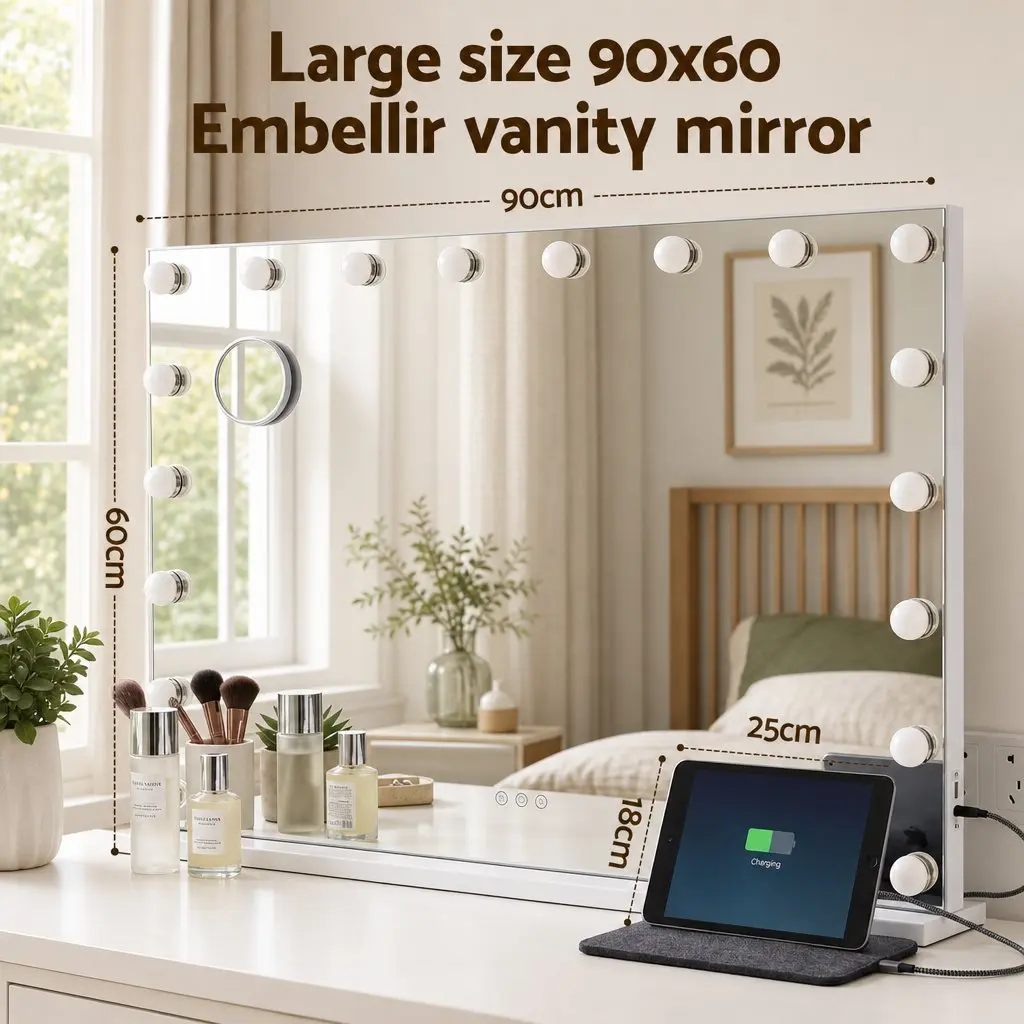Hollywood Vanity Mirror Frameless 90x60cm Large with 18 Dimmable LED Bulbs and 10x Magnification Glass
