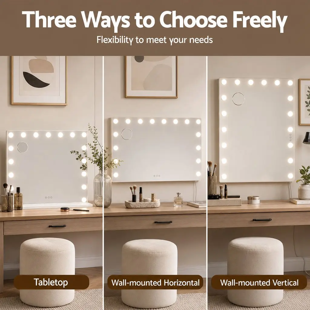 Hollywood Vanity Mirror Frameless 90x60cm Large with 18 Dimmable LED Bulbs and 10x Magnification Glass