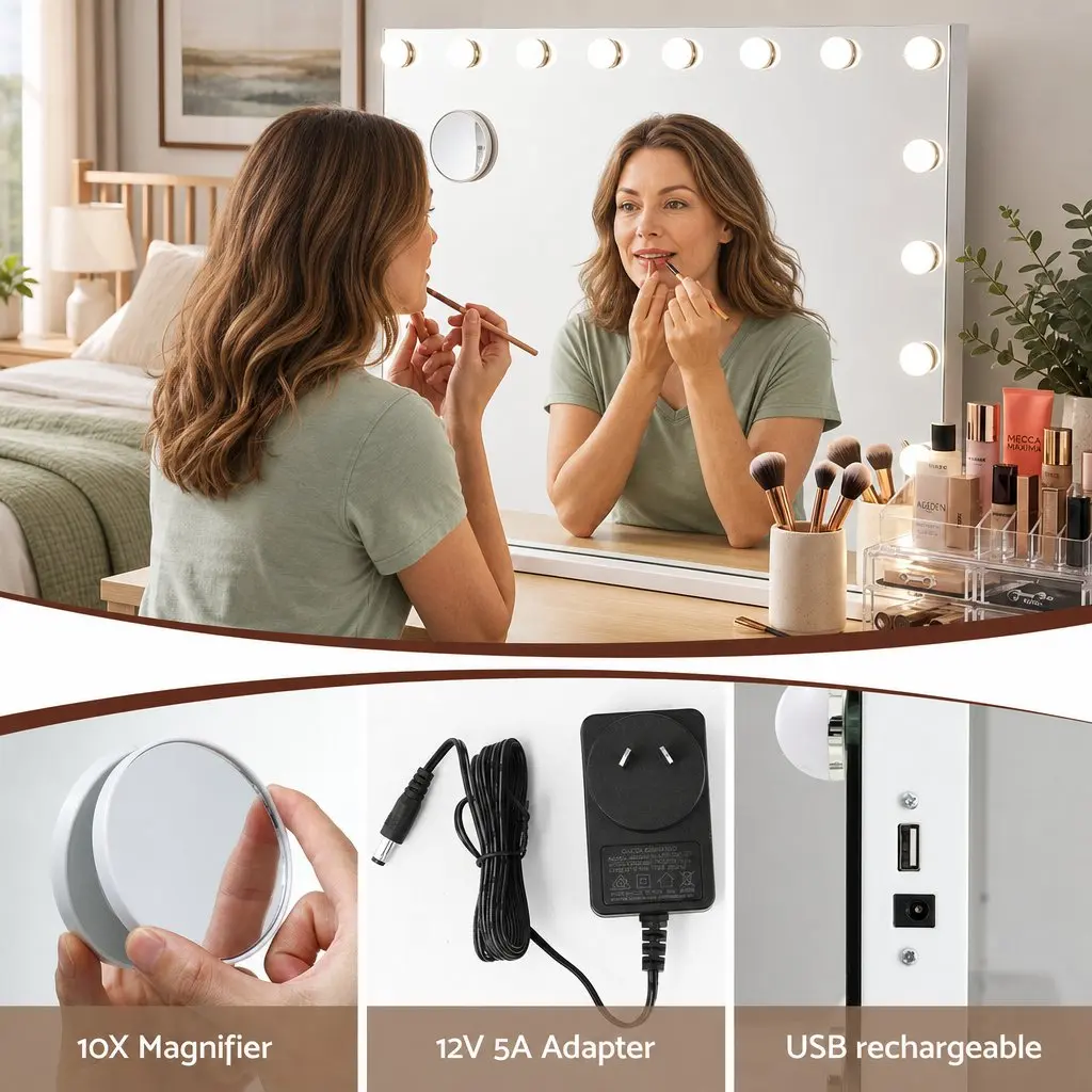 Hollywood Vanity Mirror Frameless 90x60cm Large with 18 Dimmable LED Bulbs and 10x Magnification Glass