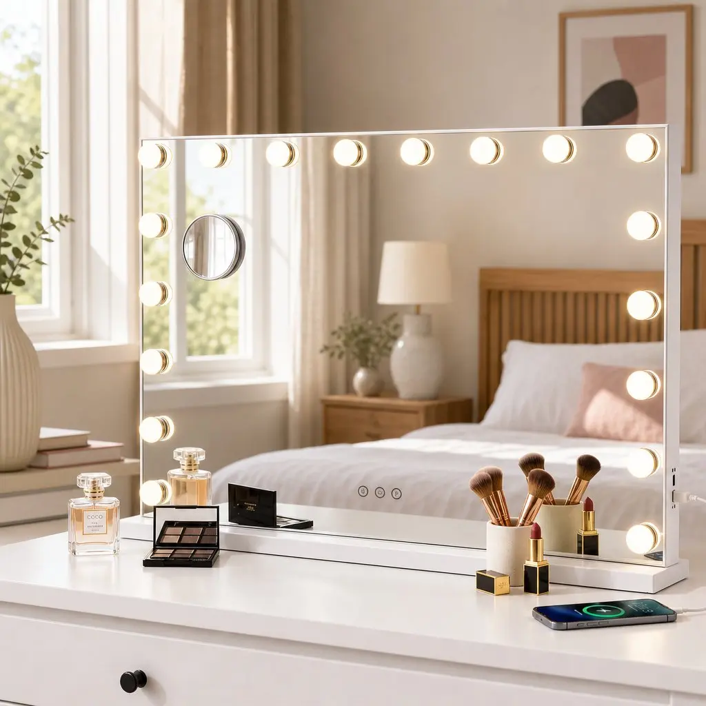 Hollywood Vanity Mirror Frameless 90x60cm Large with 18 Dimmable LED Bulbs and 10x Magnification Glass