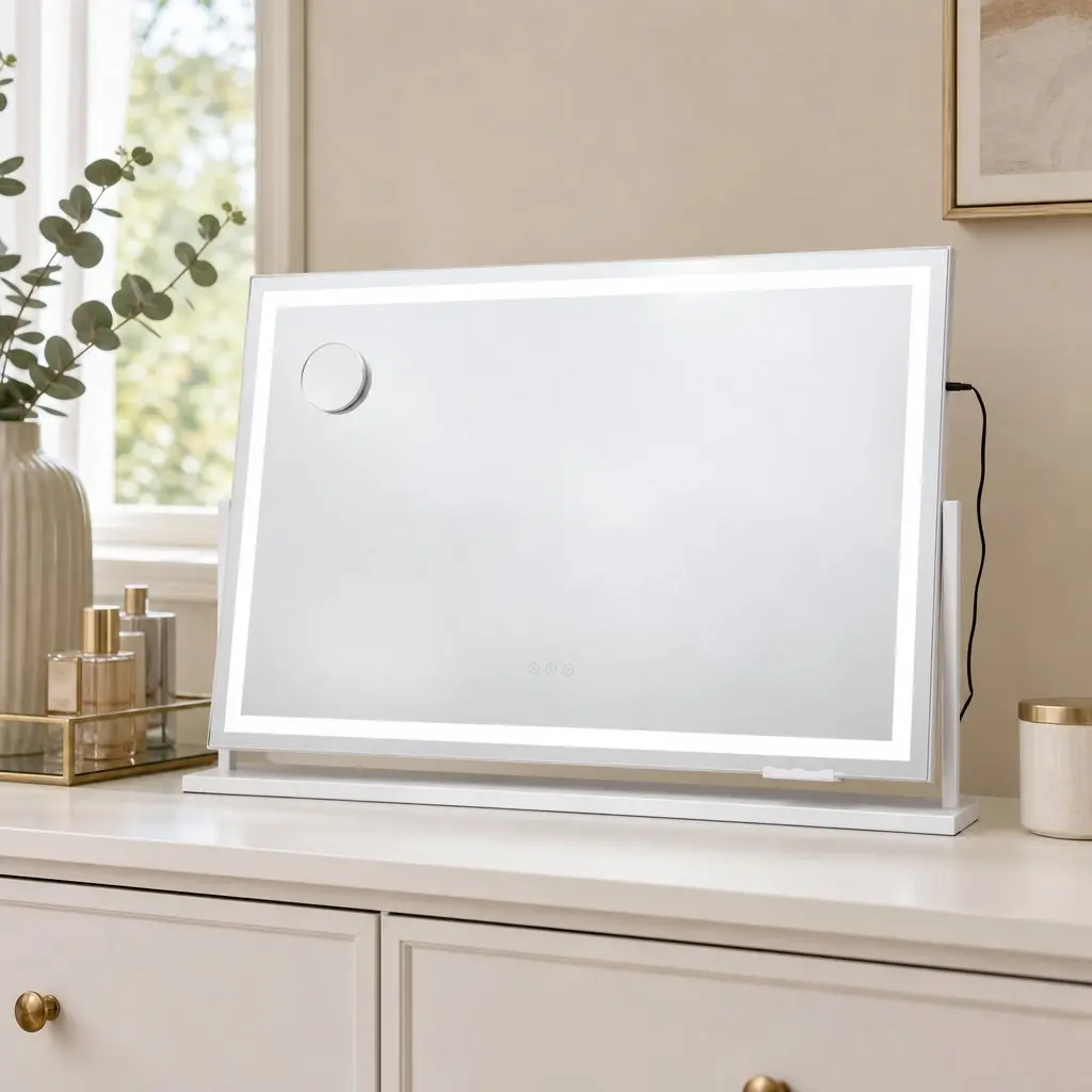 Makeup Mirror White 90x60cm 360 Degree Rotatable with LED Lights and Phone Mount