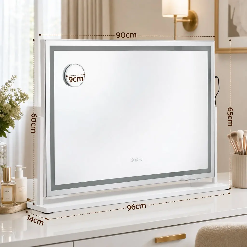 Makeup Mirror White 90x60cm 360 Degree Rotatable with LED Lights and Phone Mount