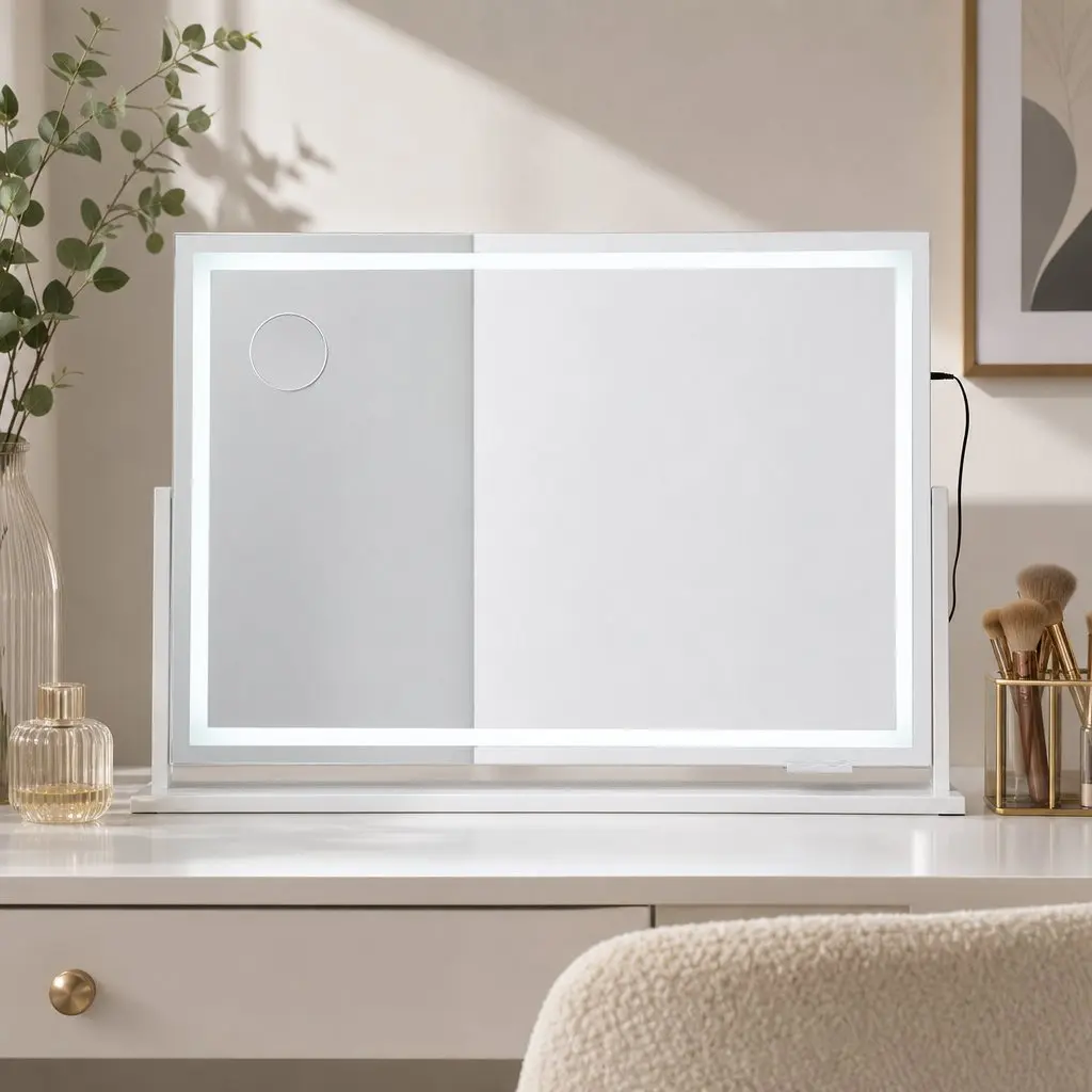 Makeup Mirror White 90x60cm 360 Degree Rotatable with LED Lights and Phone Mount