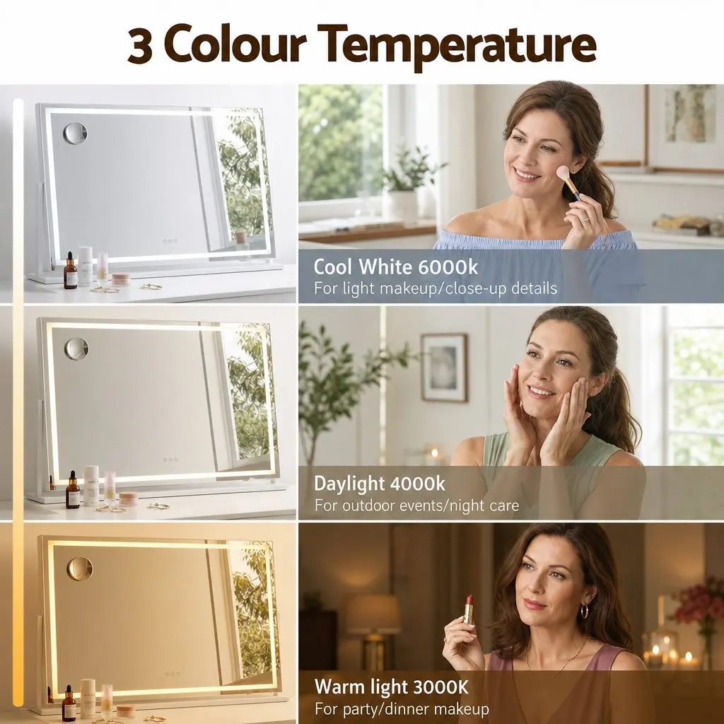 Makeup Mirror White 90x60cm 360 Degree Rotatable with LED Lights and Phone Mount