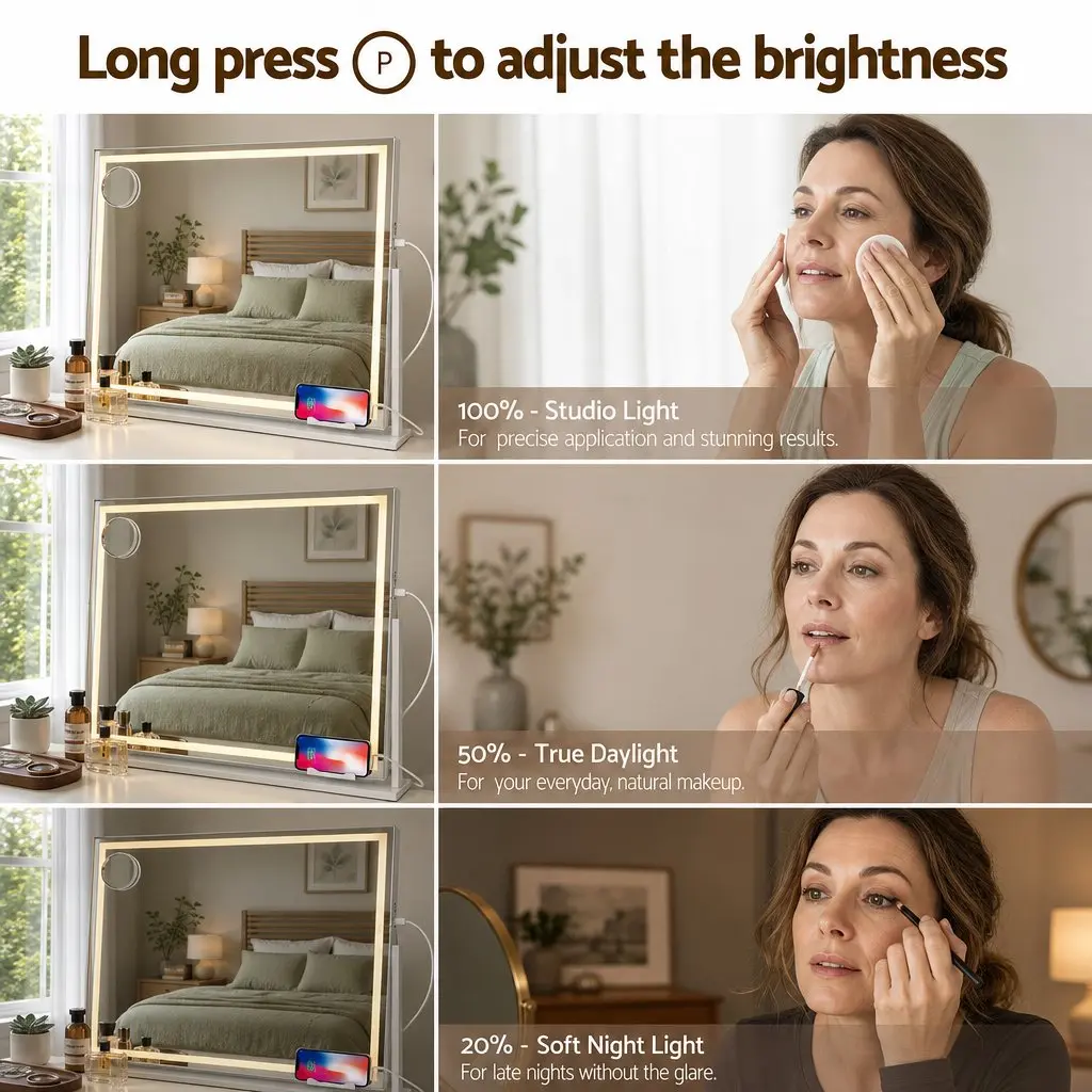 Makeup Mirror White 90x60cm 360 Degree Rotatable with LED Lights and Phone Mount