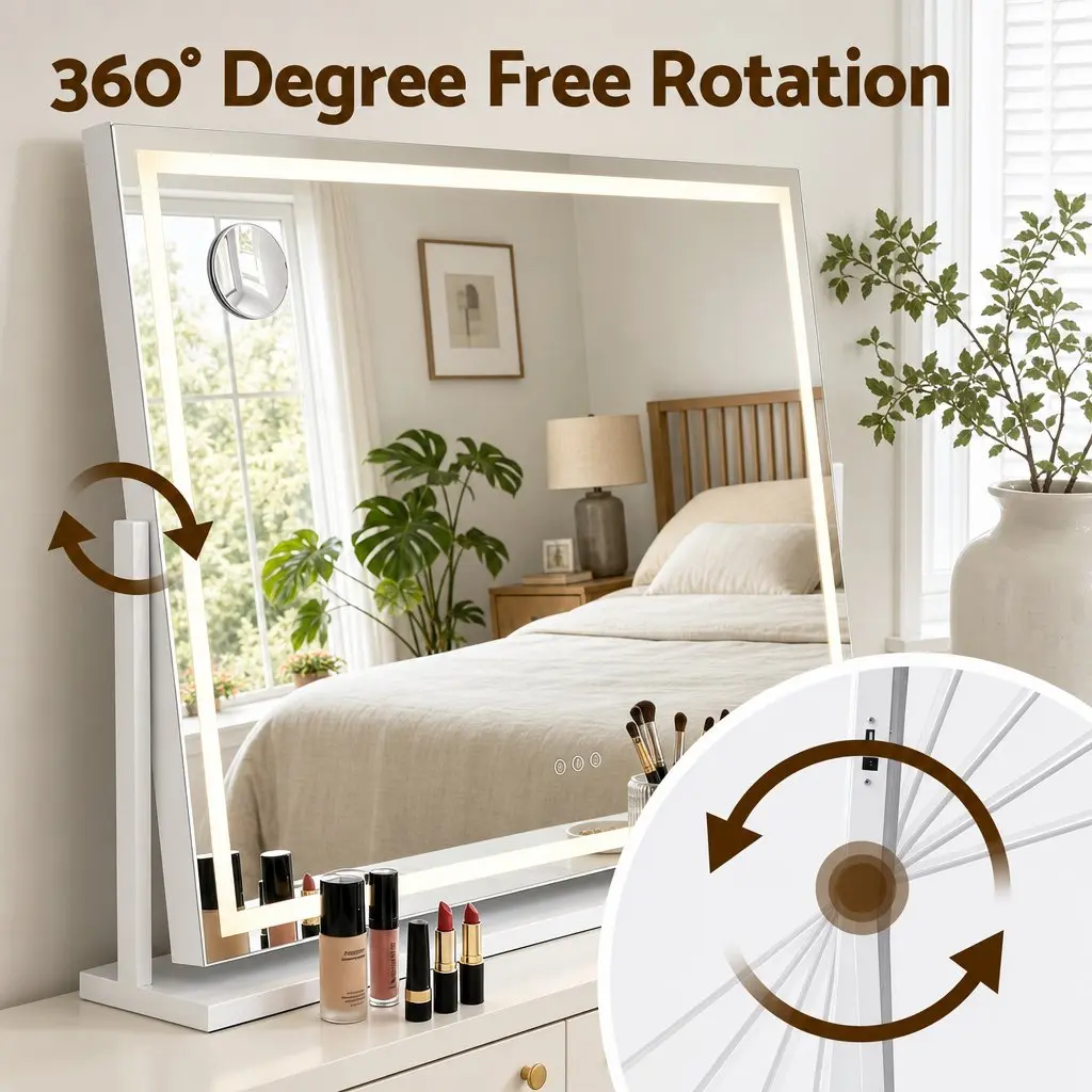 Makeup Mirror White 90x60cm 360 Degree Rotatable with LED Lights and Phone Mount