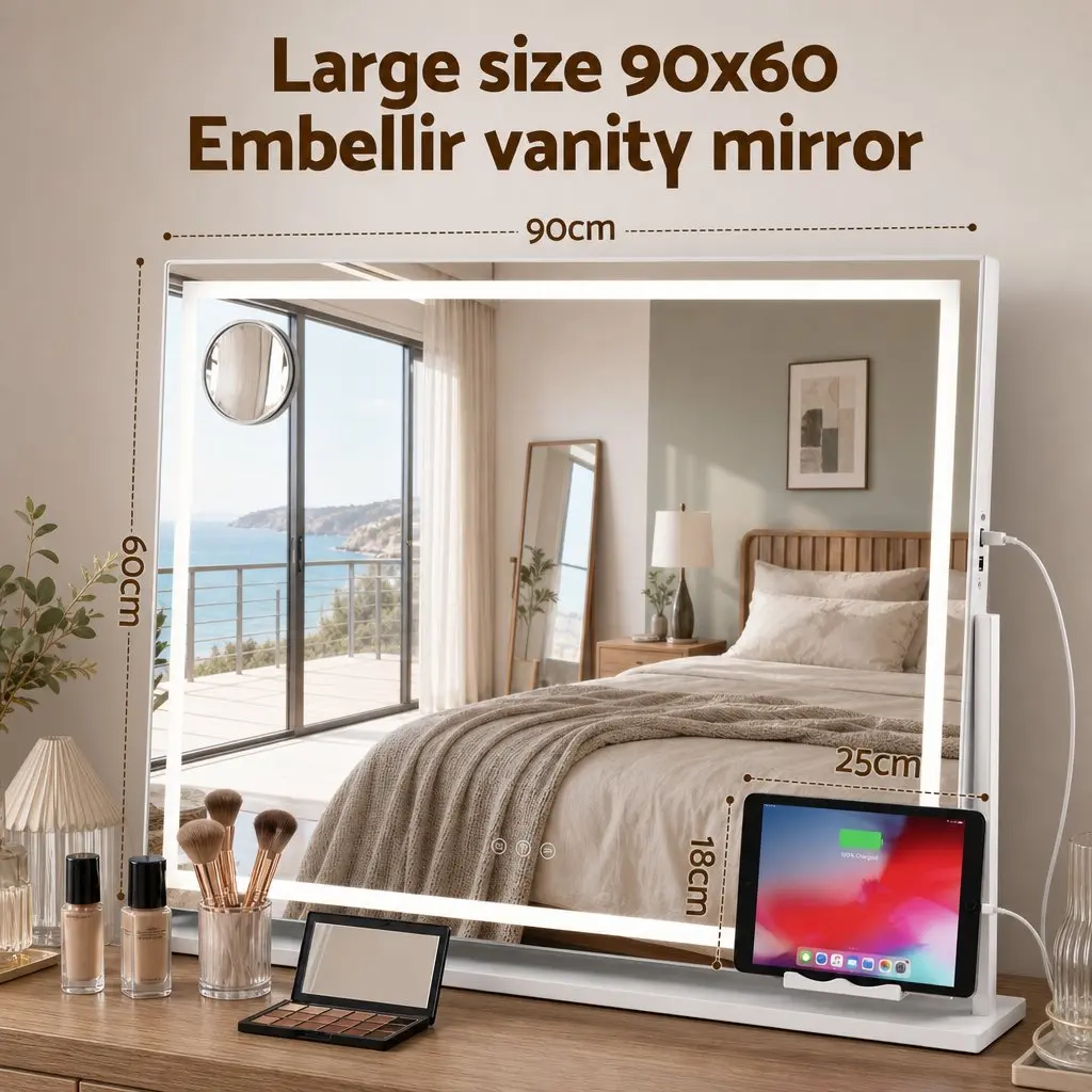 Makeup Mirror White 90x60cm 360 Degree Rotatable with LED Lights and Phone Mount