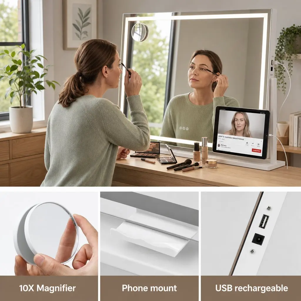 Makeup Mirror White 90x60cm 360 Degree Rotatable with LED Lights and Phone Mount