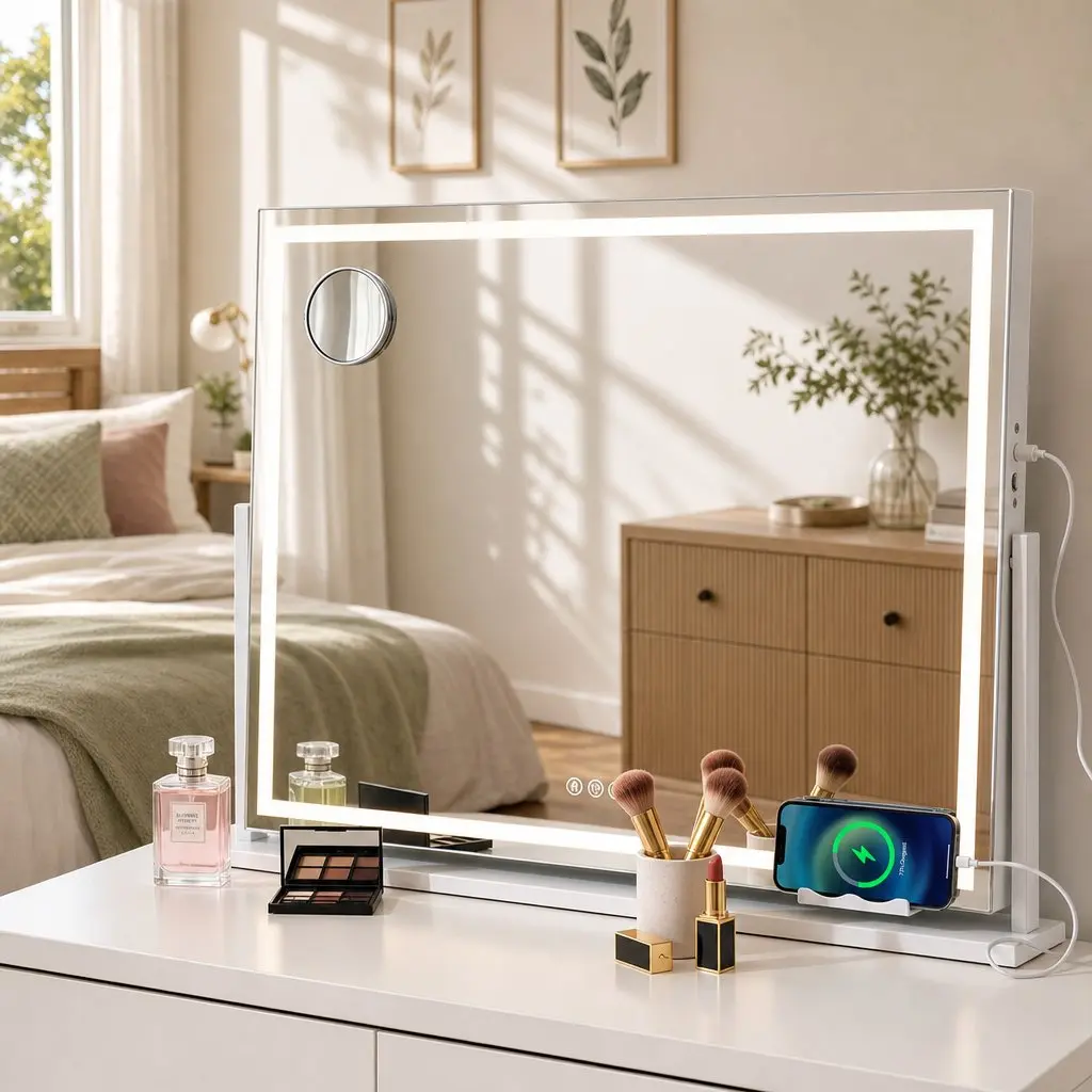 Makeup Mirror White 90x60cm 360 Degree Rotatable with LED Lights and Phone Mount