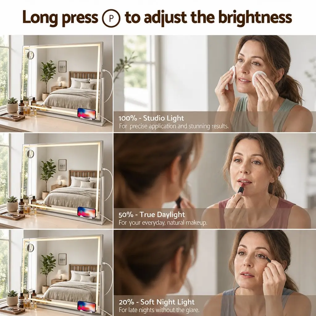 Vanity Makeup Mirror White 100x70cm 360 Degree Rotatable LED Lighted