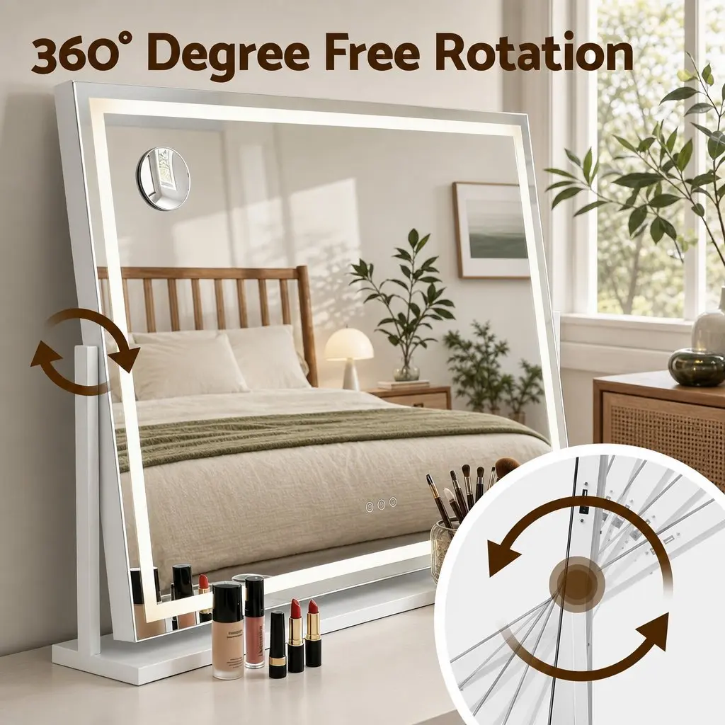 Vanity Makeup Mirror White 100x70cm 360 Degree Rotatable LED Lighted