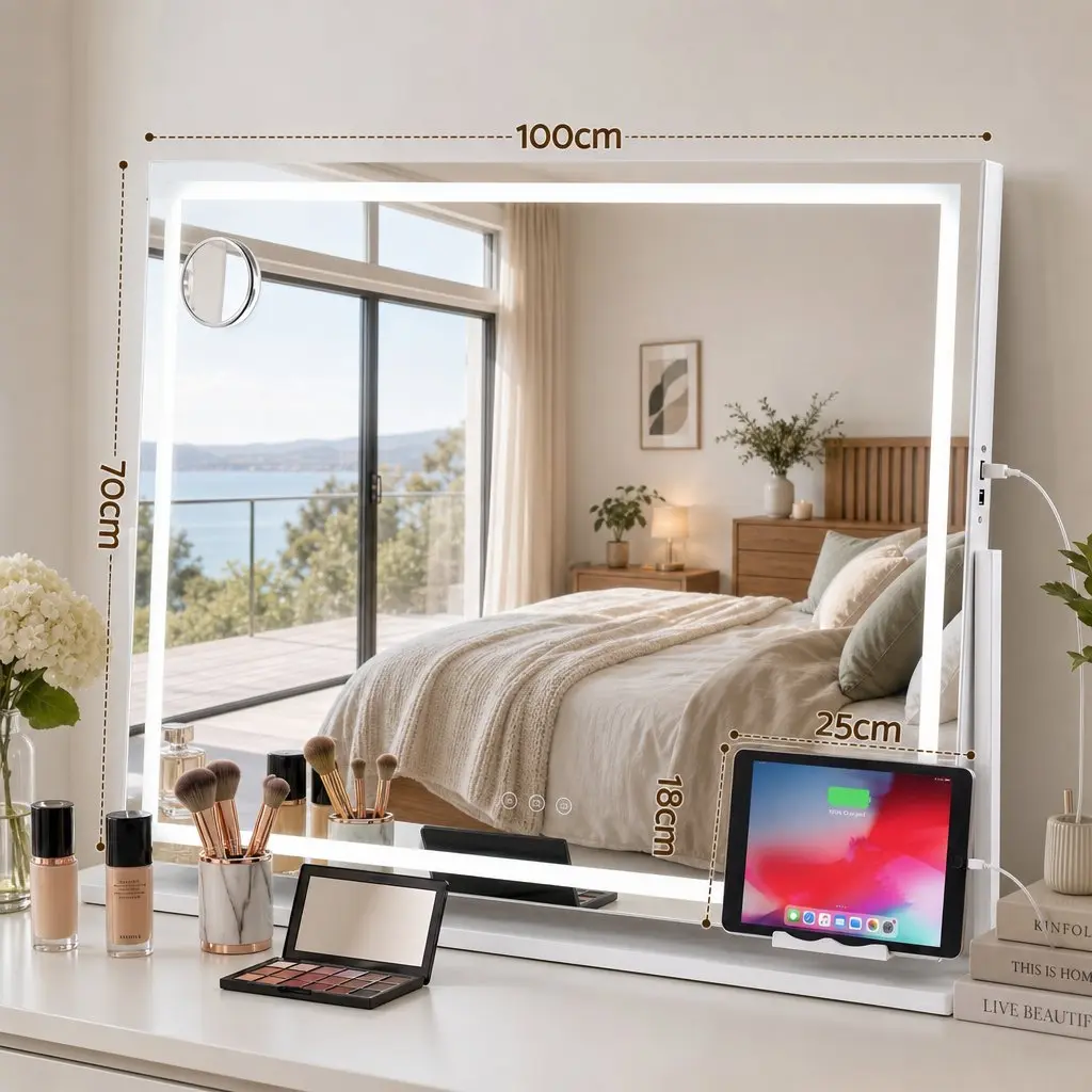 Vanity Makeup Mirror White 100x70cm 360 Degree Rotatable LED Lighted