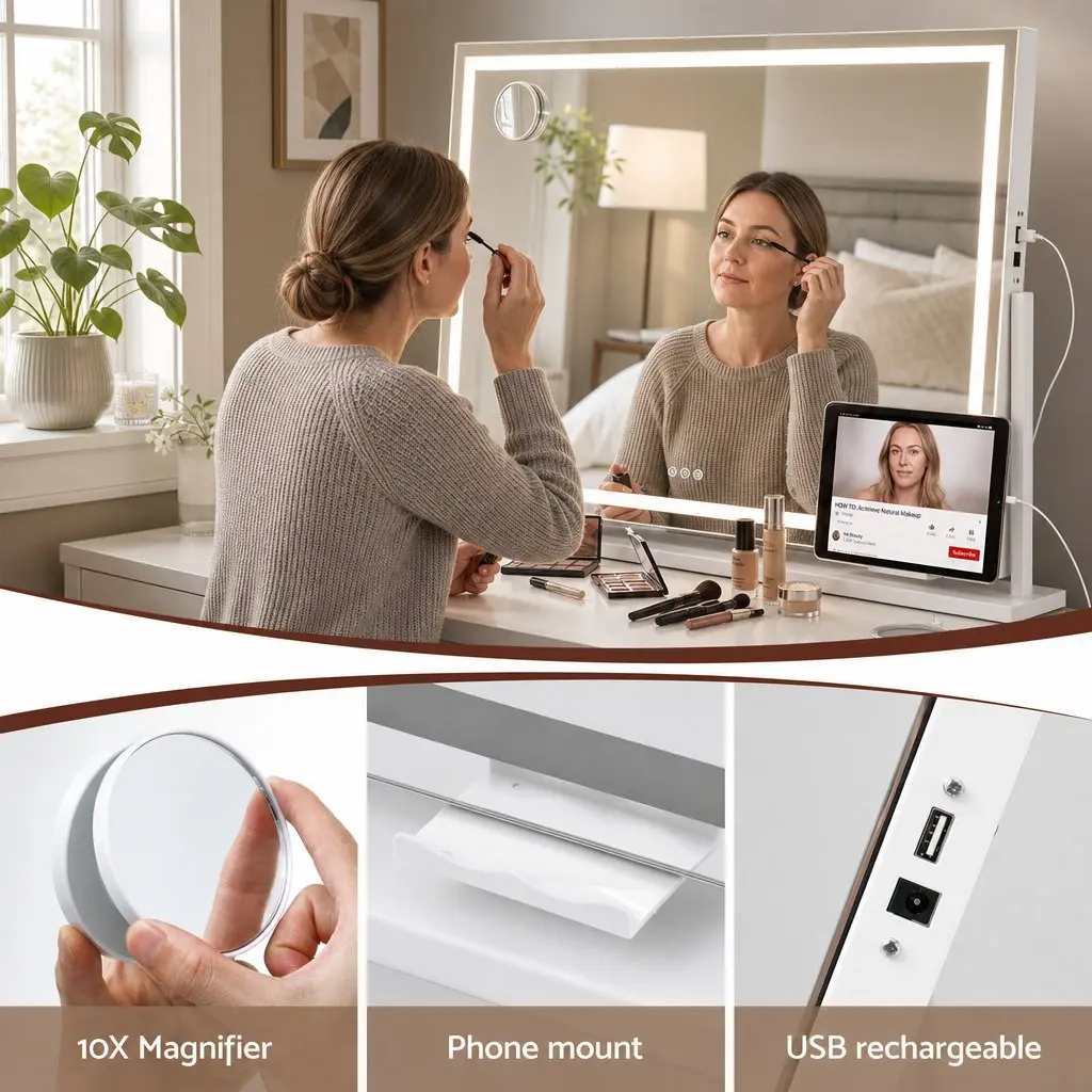 Vanity Makeup Mirror White 100x70cm 360 Degree Rotatable LED Lighted