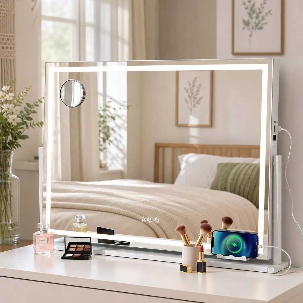 Vanity Makeup Mirror White 100x70cm 360 Degree Rotatable LED Lighted