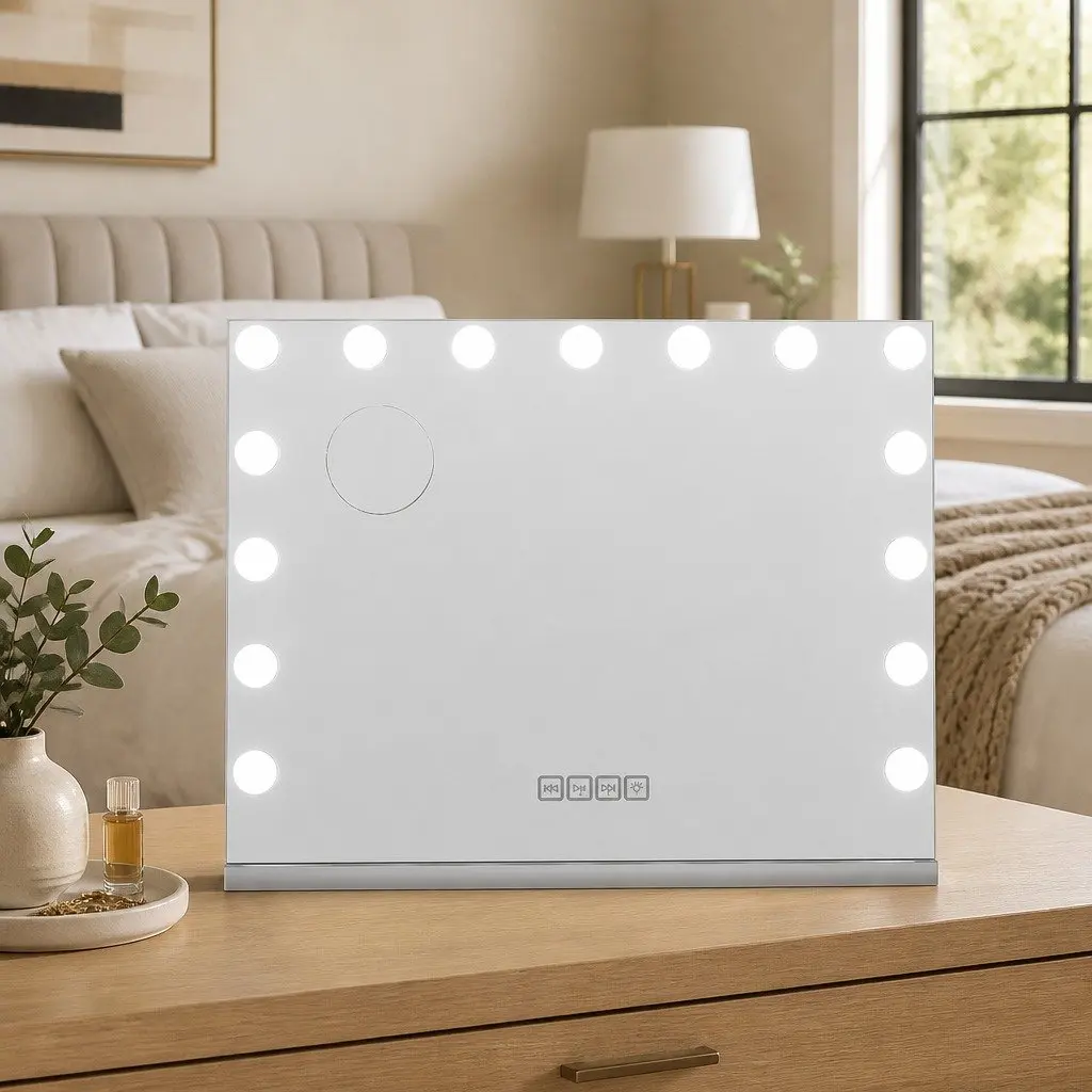 Bluetooth Makeup Mirror Silver 58x46cm Hollywood Vanity with 15 LED Lights