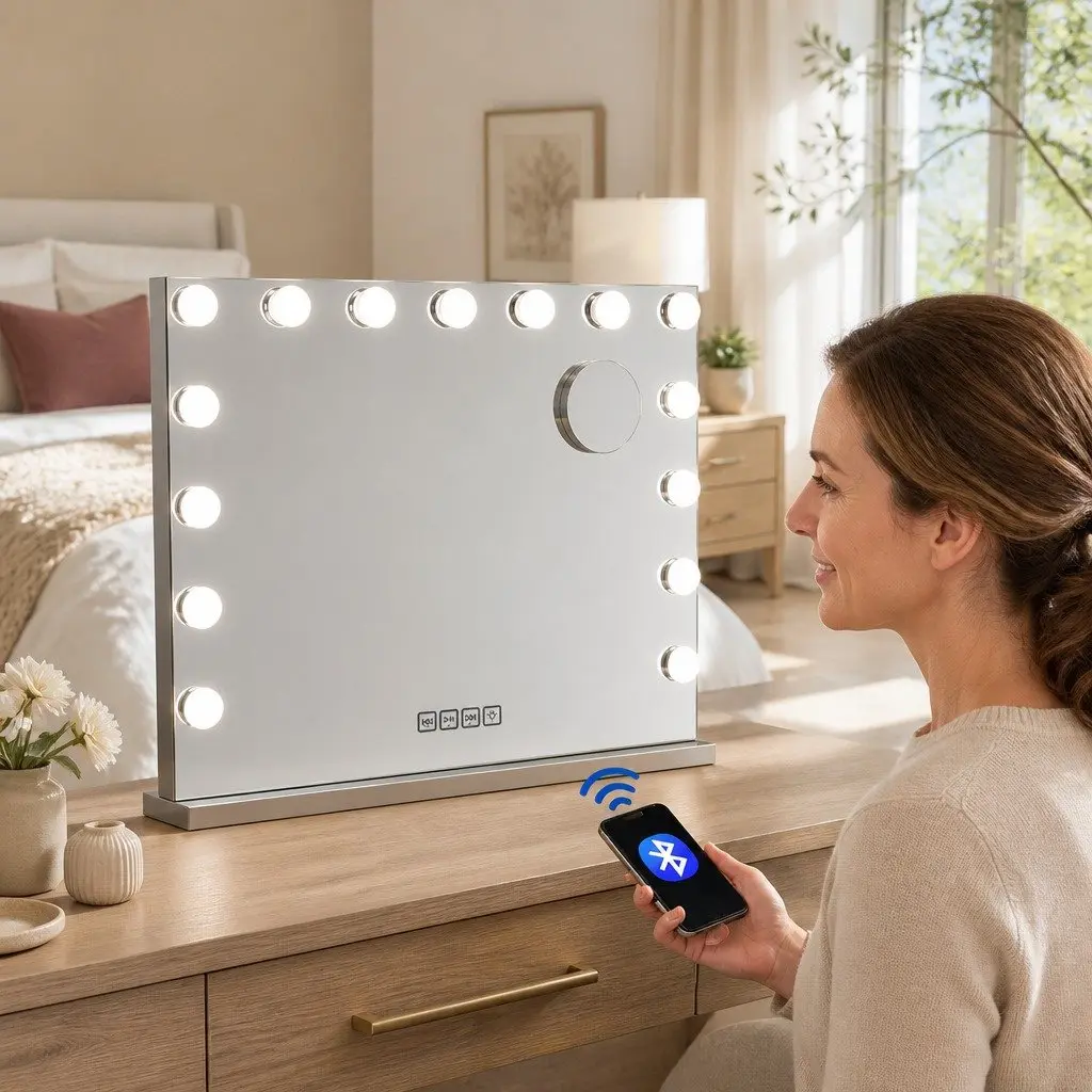 Bluetooth Makeup Mirror Silver 58x46cm Hollywood Vanity with 15 LED Lights