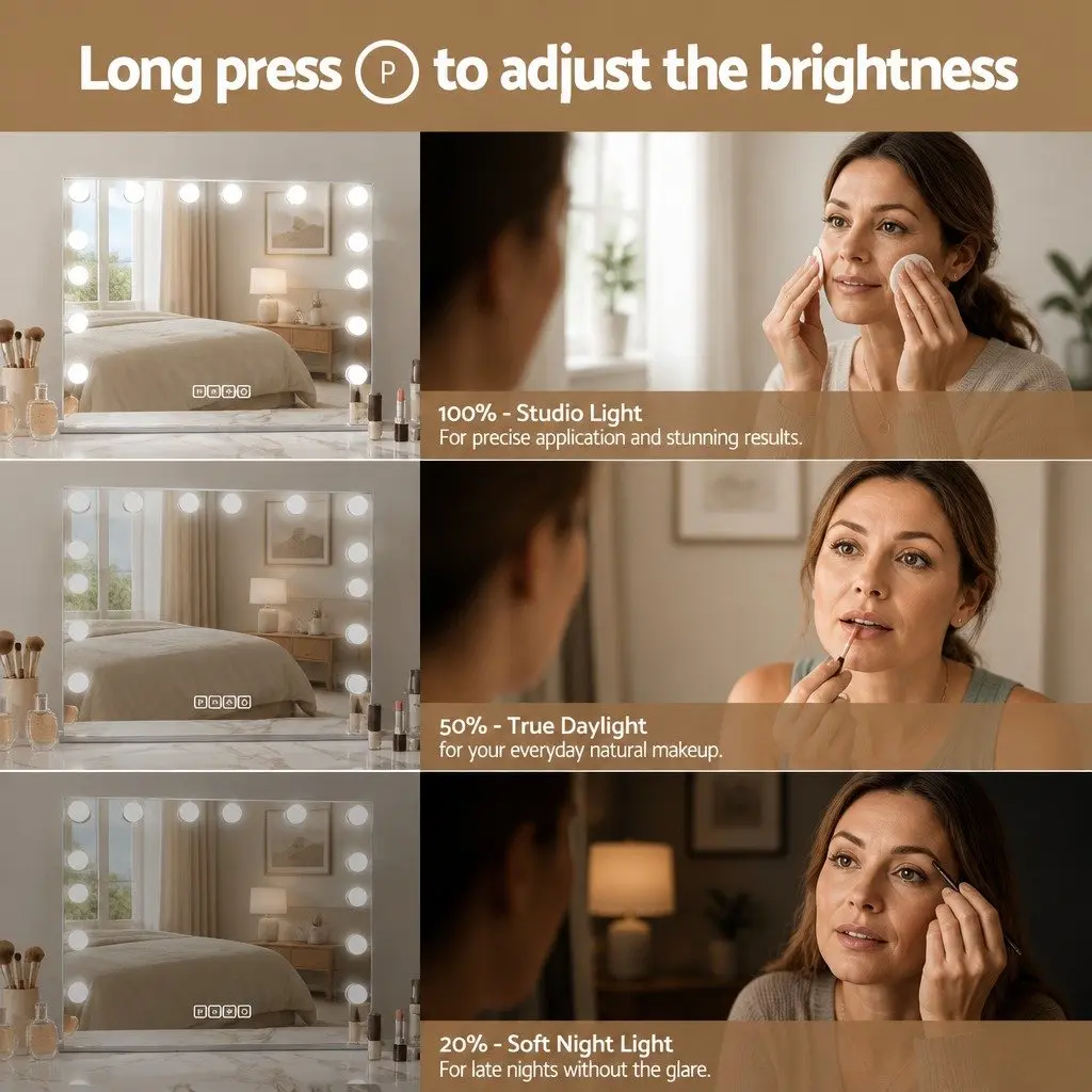 Bluetooth Makeup Mirror Silver 58x46cm Hollywood Vanity with 15 LED Lights