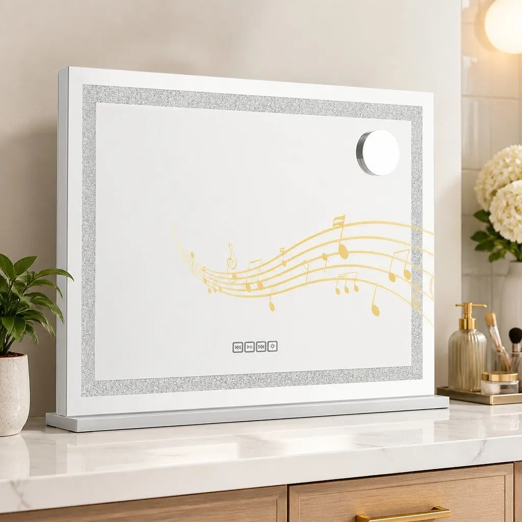 Lighted Makeup Mirror White 80x58cm LED Crystal Touch Control Bluetooth Speaker