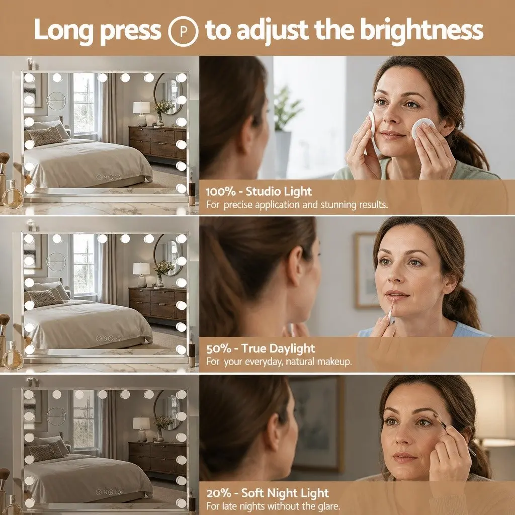 Makeup Mirror LED Light 80x58cm Adjustable Brightness Three Colour Temperatures Tabletop Wall Mount
