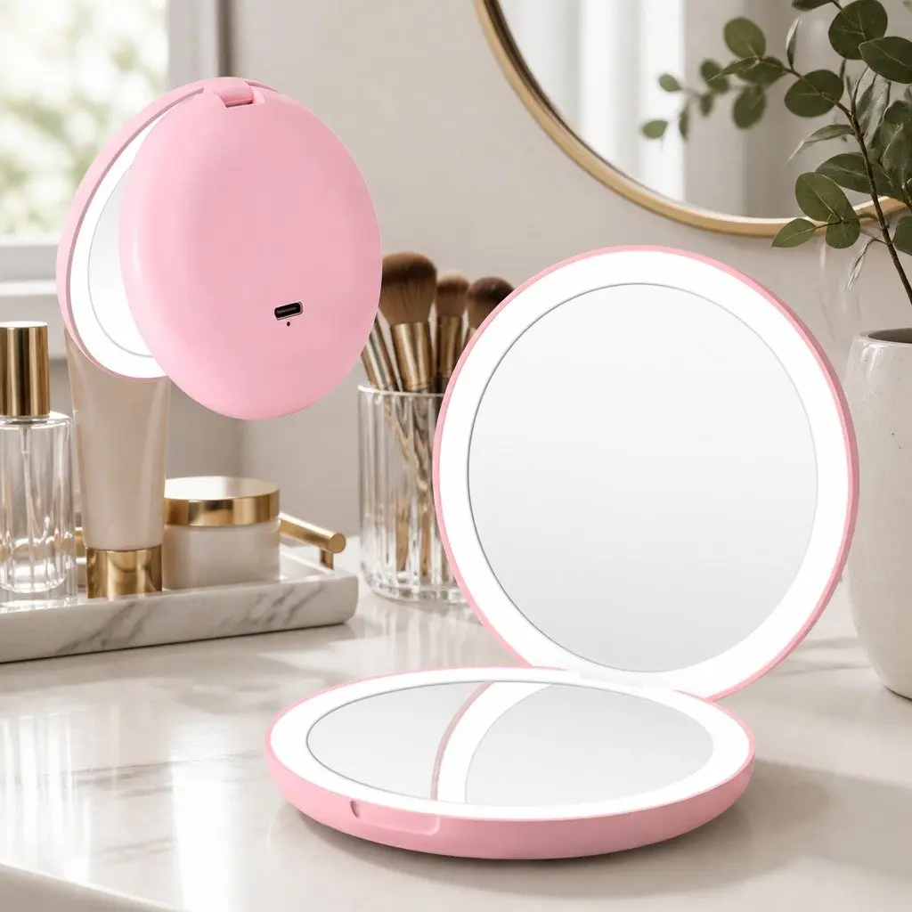LED Makeup Mirror Pink Round 7.5cm 1x 10x Magnification Lighted Portable Travel