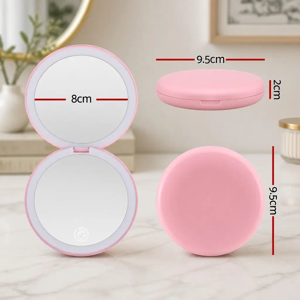 LED Makeup Mirror Pink Round 7.5cm 1x 10x Magnification Lighted Portable Travel
