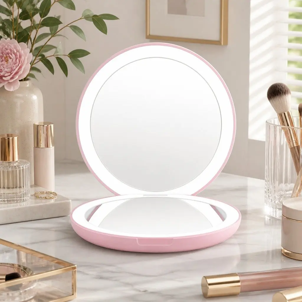 LED Makeup Mirror Pink Round 7.5cm 1x 10x Magnification Lighted Portable Travel