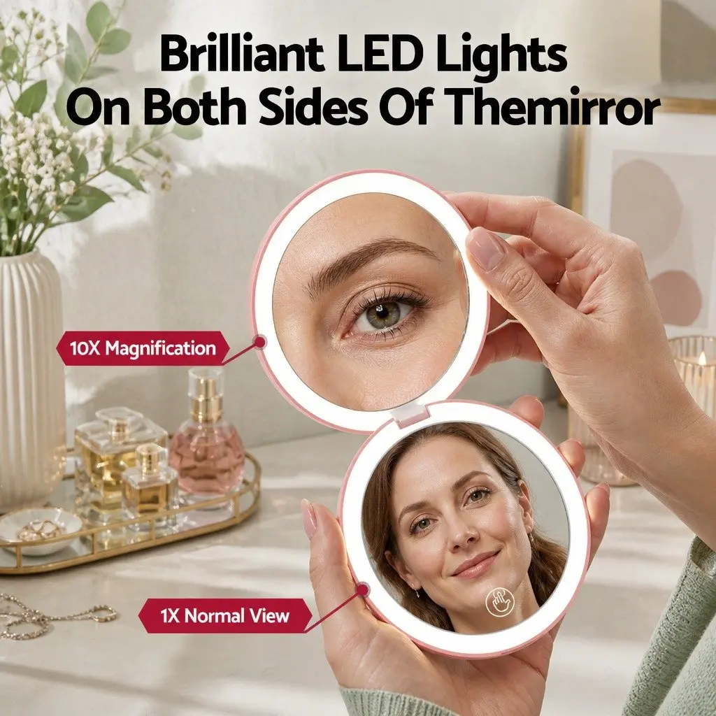 LED Makeup Mirror Pink Round 7.5cm 1x 10x Magnification Lighted Portable Travel