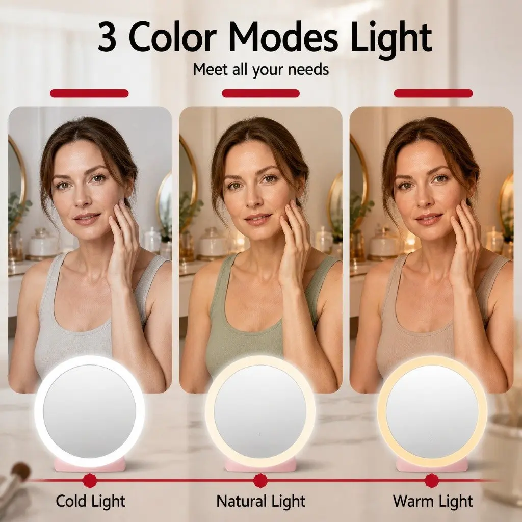 LED Makeup Mirror Pink Round 7.5cm 1x 10x Magnification Lighted Portable Travel