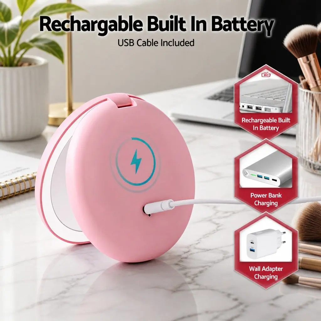 LED Makeup Mirror Pink Round 7.5cm 1x 10x Magnification Lighted Portable Travel