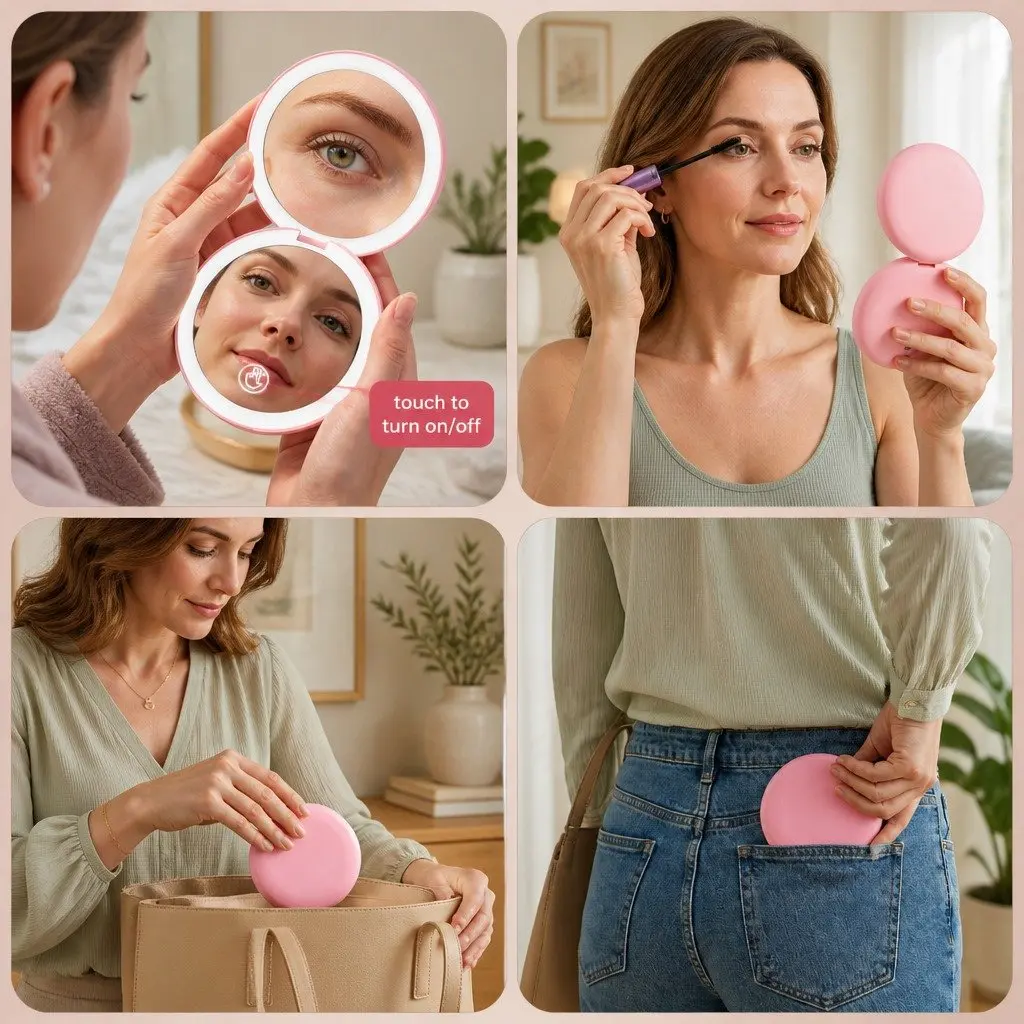 LED Makeup Mirror Pink Round 7.5cm 1x 10x Magnification Lighted Portable Travel