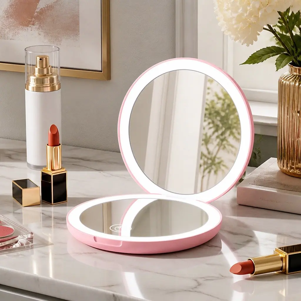 LED Makeup Mirror Pink Round 7.5cm 1x 10x Magnification Lighted Portable Travel