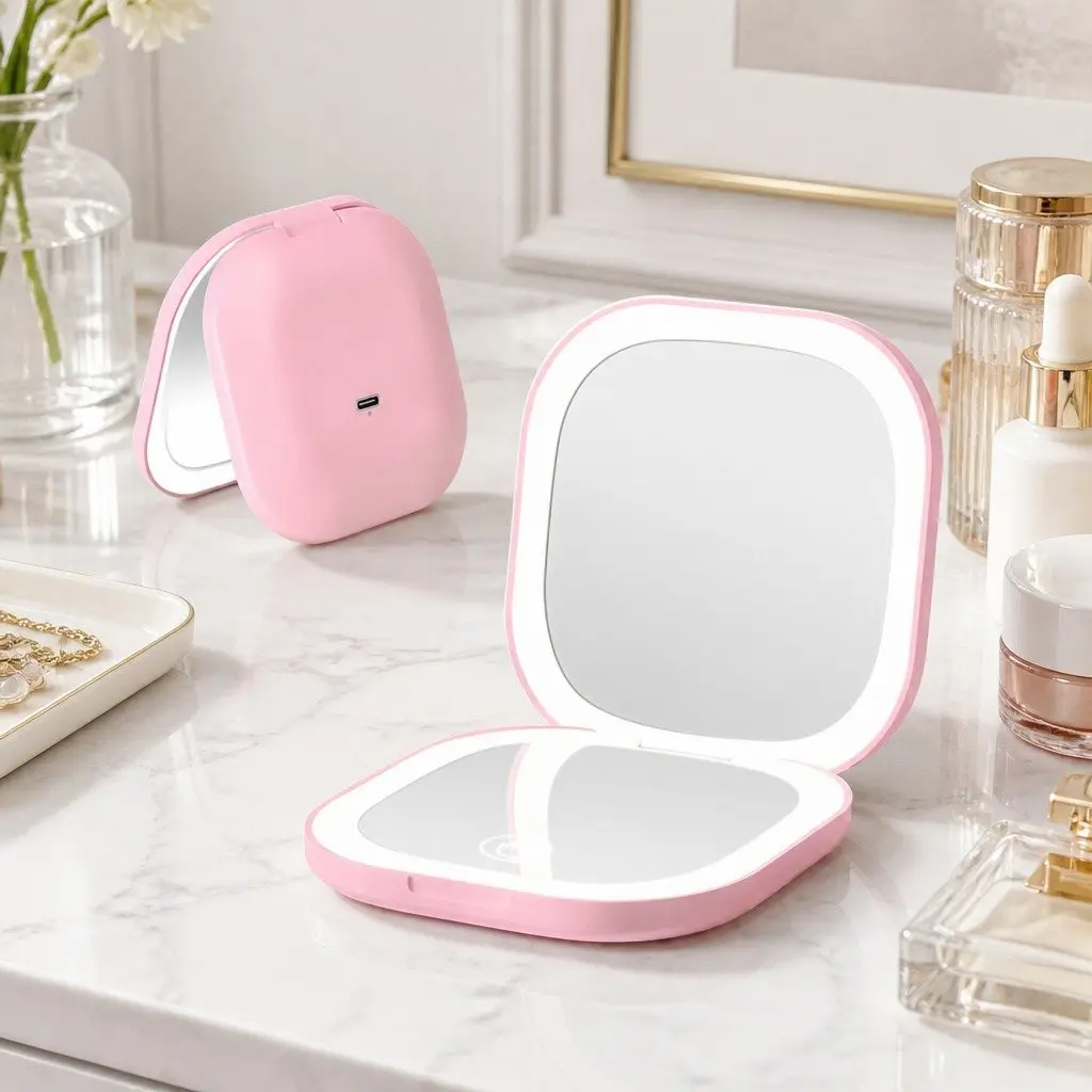 LED Makeup Mirror Pink 7.5cm 1x 10x Magnification Lighted Portable Foldable Travel